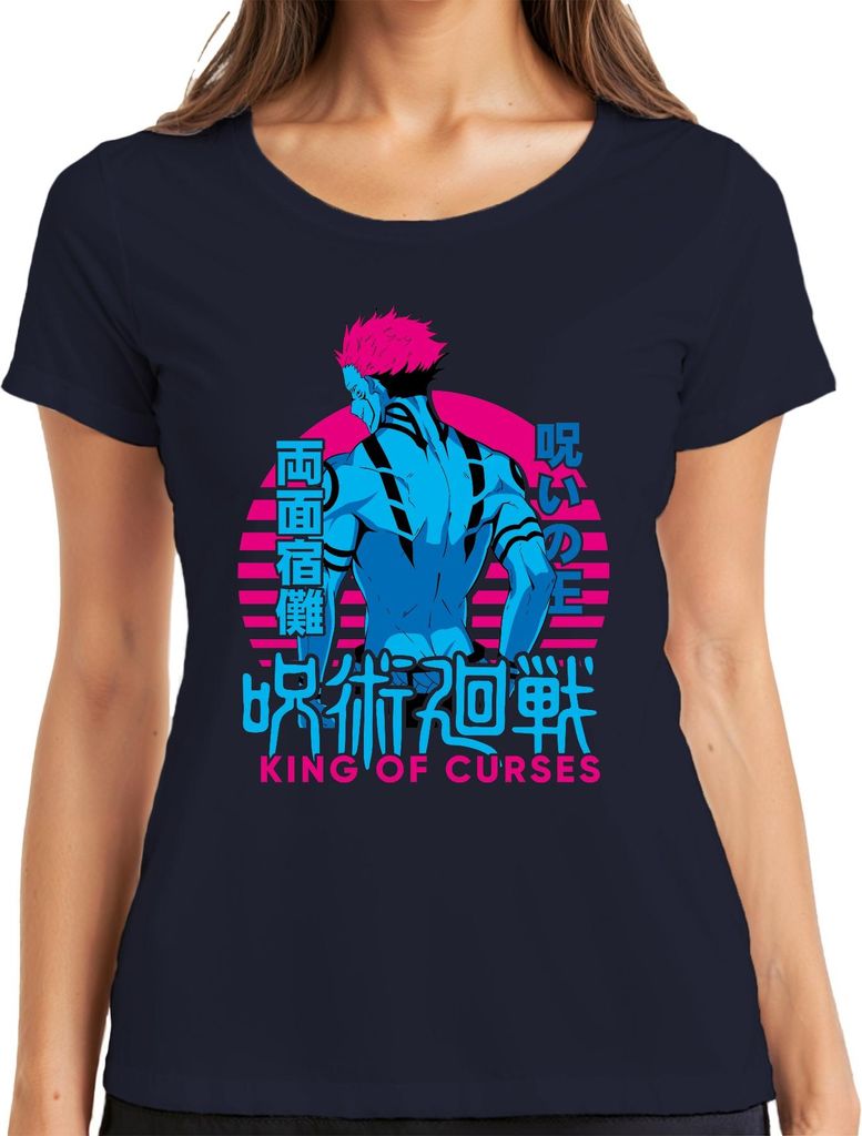 Jujutsu Kaisen Sukuna Ryomen King of Curses Anime Vaporwave Damen T-Shirt, Navy, M