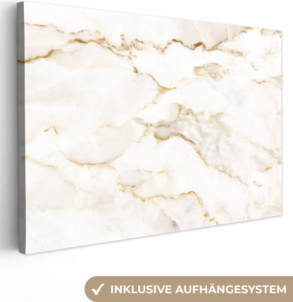 MuchoWow - Leinwandbilder - Marmor - Limette - Gold - Luxus - Marmoroptik - Weiß, Wandbild, Wanddeko Bilder Wohnzimmer, 90x60 cm