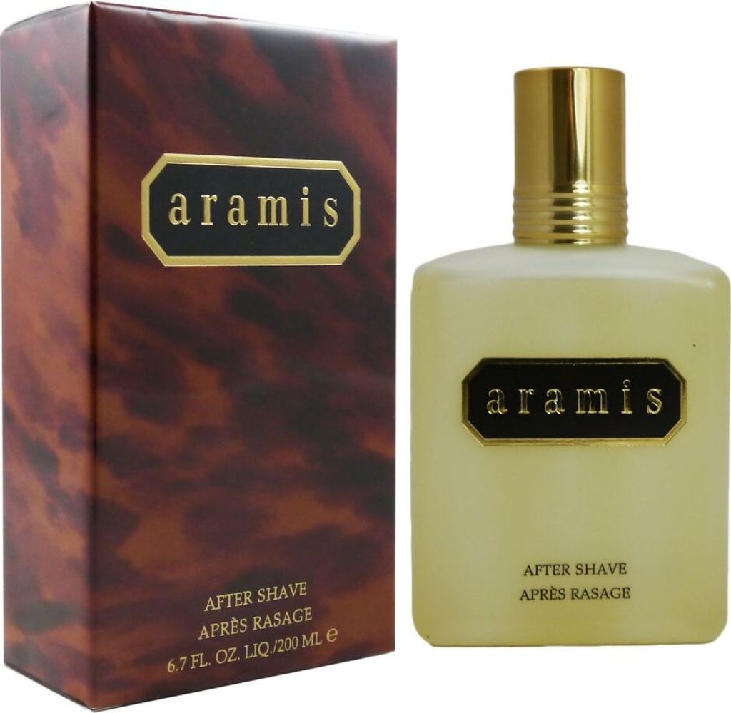 A bottle of Aramis aftershave and its packaging are shown against a white background.