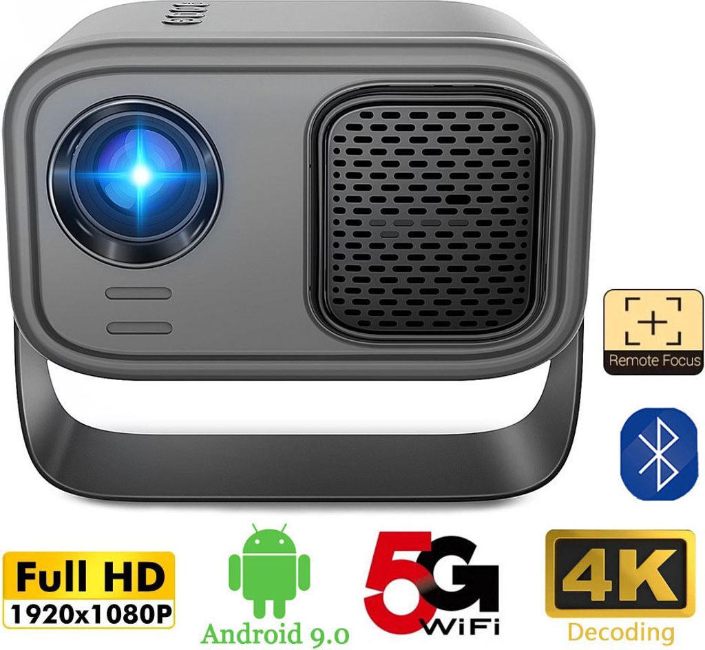 ZELURXX Beamer, Drahtlose Bluetooth, elektronischer Fokus, Android 9.0, Geeignet für Heimkino, Meetings, Spielzeit, 17,5 x 11 x 10,2 cm, Schwarz