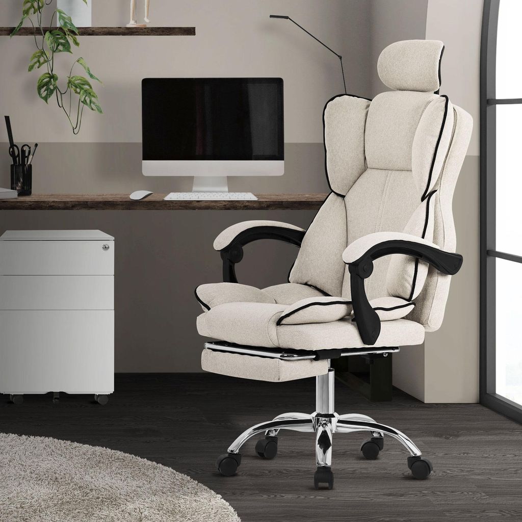 ML-Design Bürostuhl ergonomisch Beige, Gaming Stuhl mit hoher Rückenlehne, Drehstuhl mit Fußstütze, Kissen und Kopfstütze