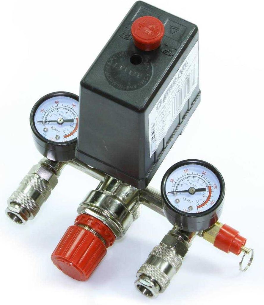 A close-up studio shot of an air compressor pressure switch with two gauges and a red adjustment knob.