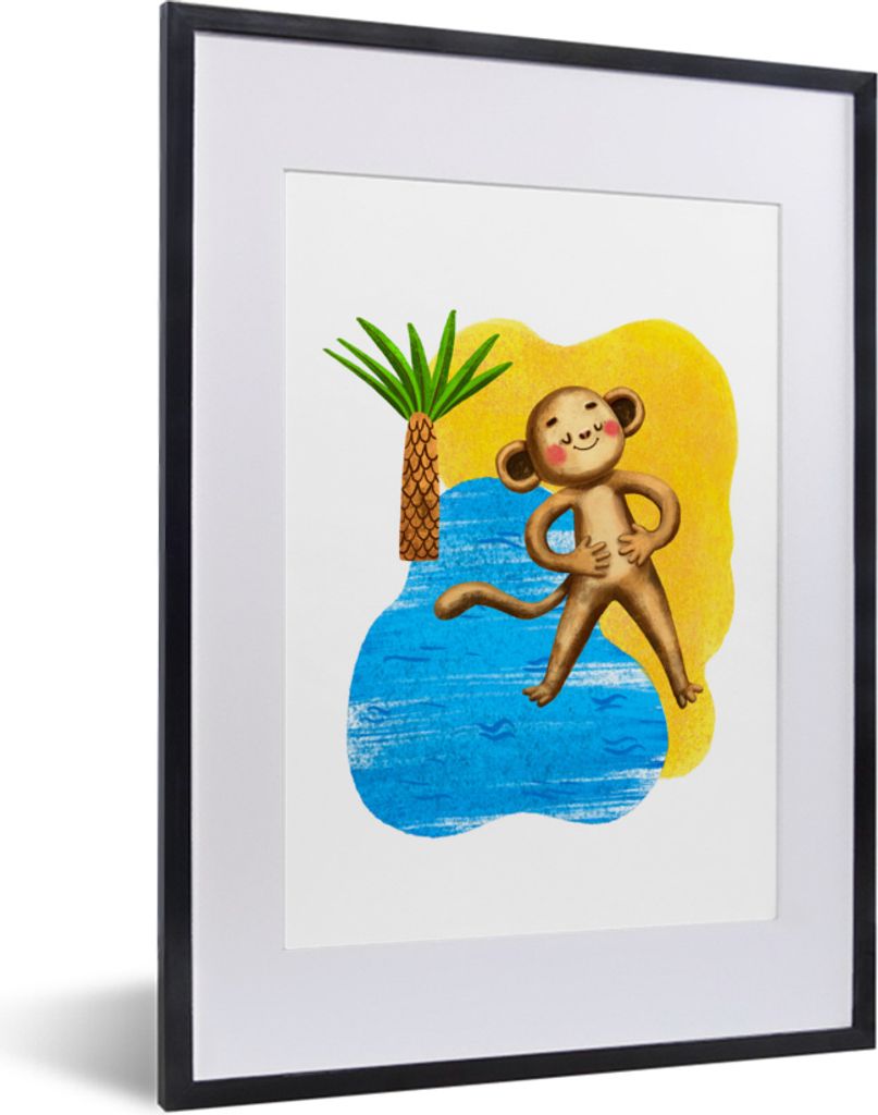 MuchoWow MuchoWow Gerahmtes Poster Affe - Palme - Strand 30x40 cm - Poster mit zchwarzem Bilderrahmen - Wandposter Schlafzimmer