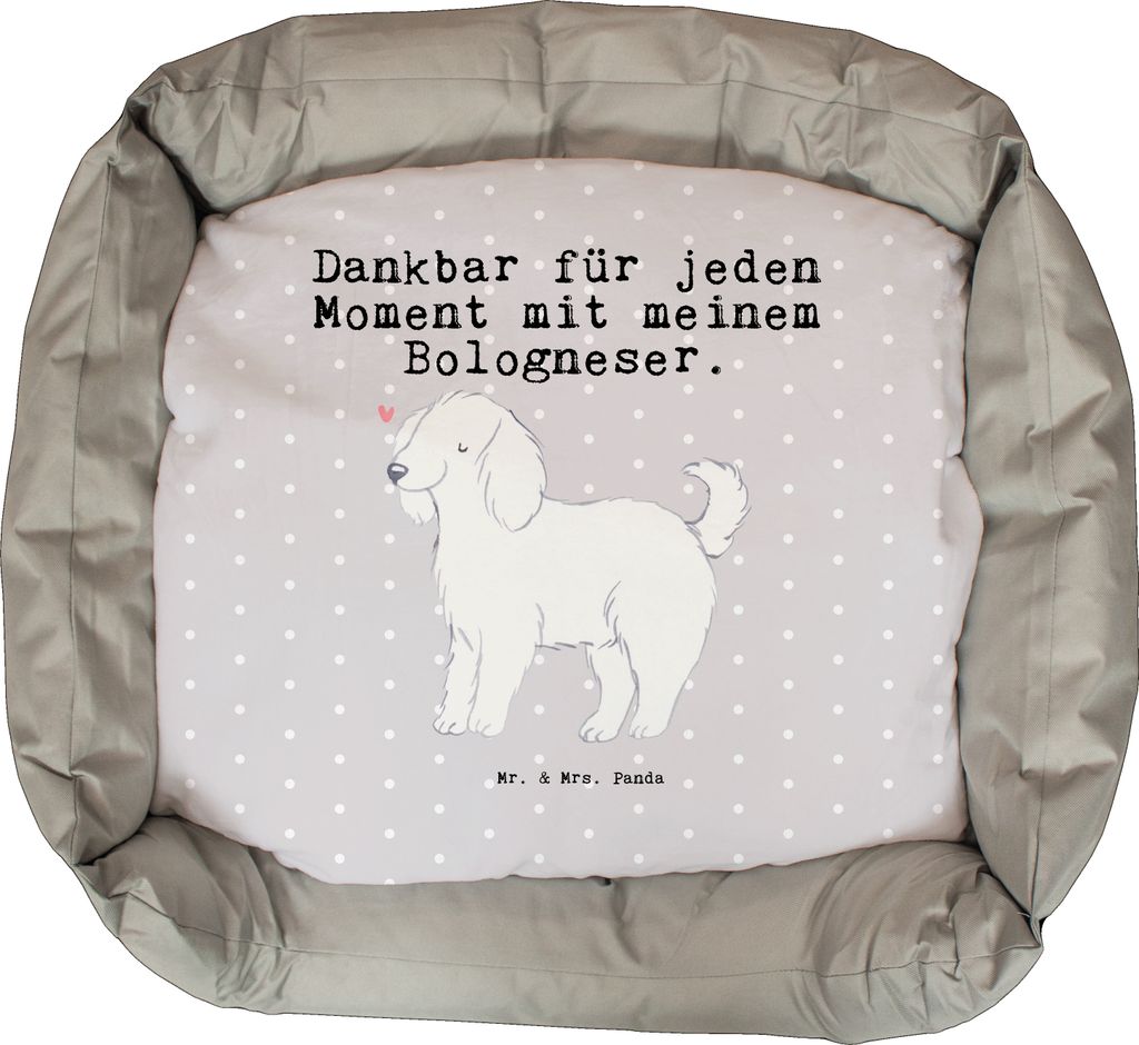 Mr. & Mrs. Panda Hundesofa Bologneser Moment - Grau Pastell - Geschenk, Muttertag, Vatertag, Weihnachten, Nikolaus, Valentinstag, pflegeleicht