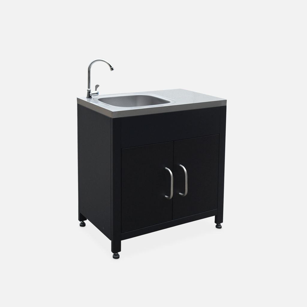 A black outdoor kitchen unit with a silver sink and faucet, presented against a light gray background.