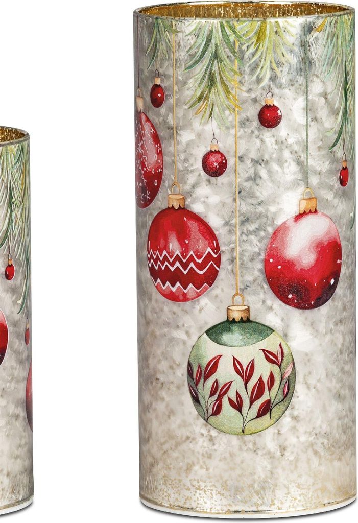LED Tischlampe Zylinder WEIHNACHTSKUGELN silber rot H. 20cm Glas Formano W25