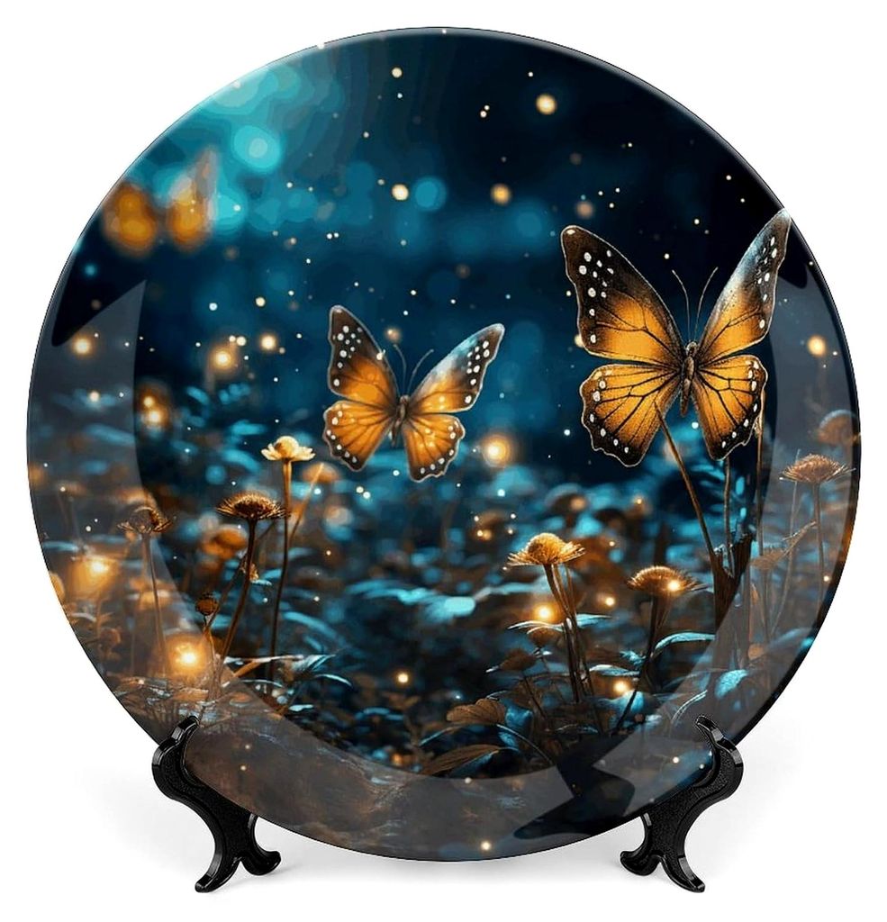 Dekorativer Keramikteller aus Knochenporzellan, Motiv: Schmetterling unter dem Sternenhimmel, mit Sockel, personalisierbar, rund, zum Basteln, fein...