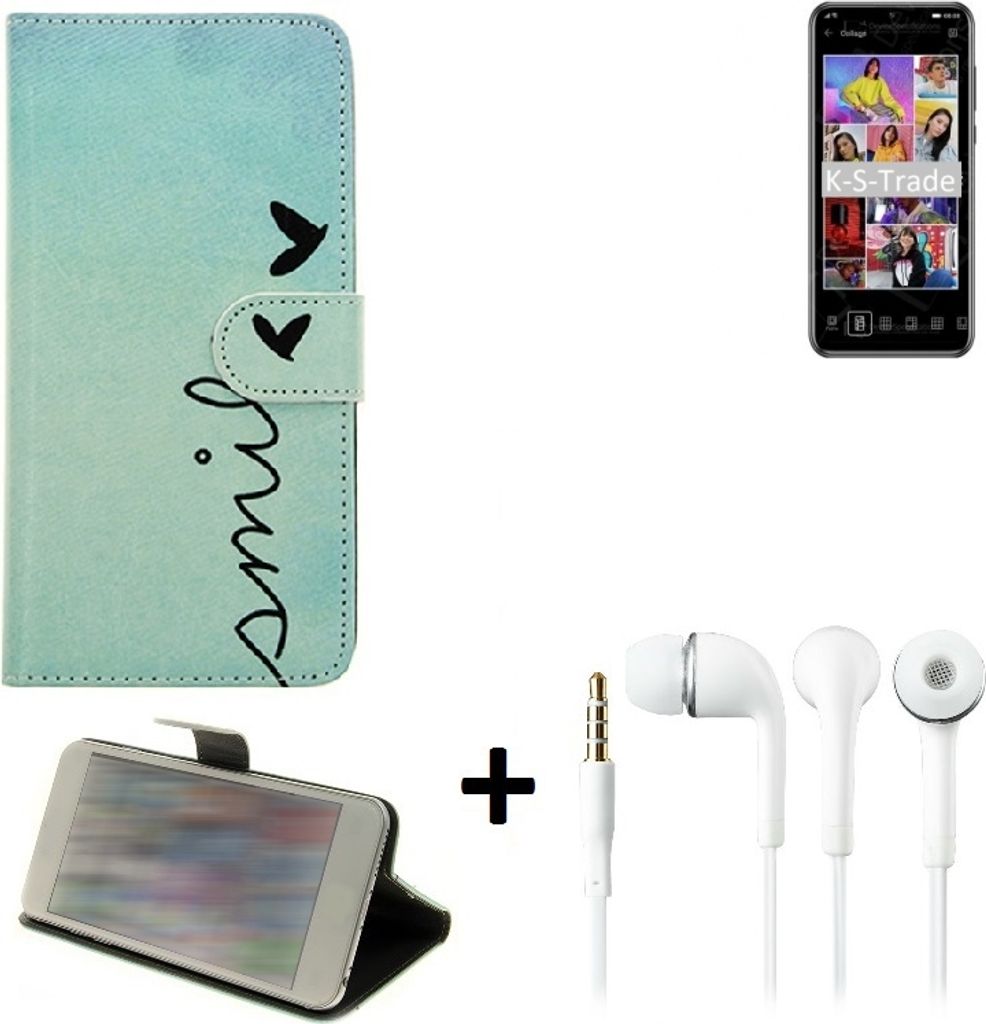 K-S-Trade Schutz Hülle Handy Hülle kompatibel mit Huawei Y8p 360° Wallet Case Schutz Hülle ''smile'' inkl. Ohrstöpsel Smartphone cover Flipstyle