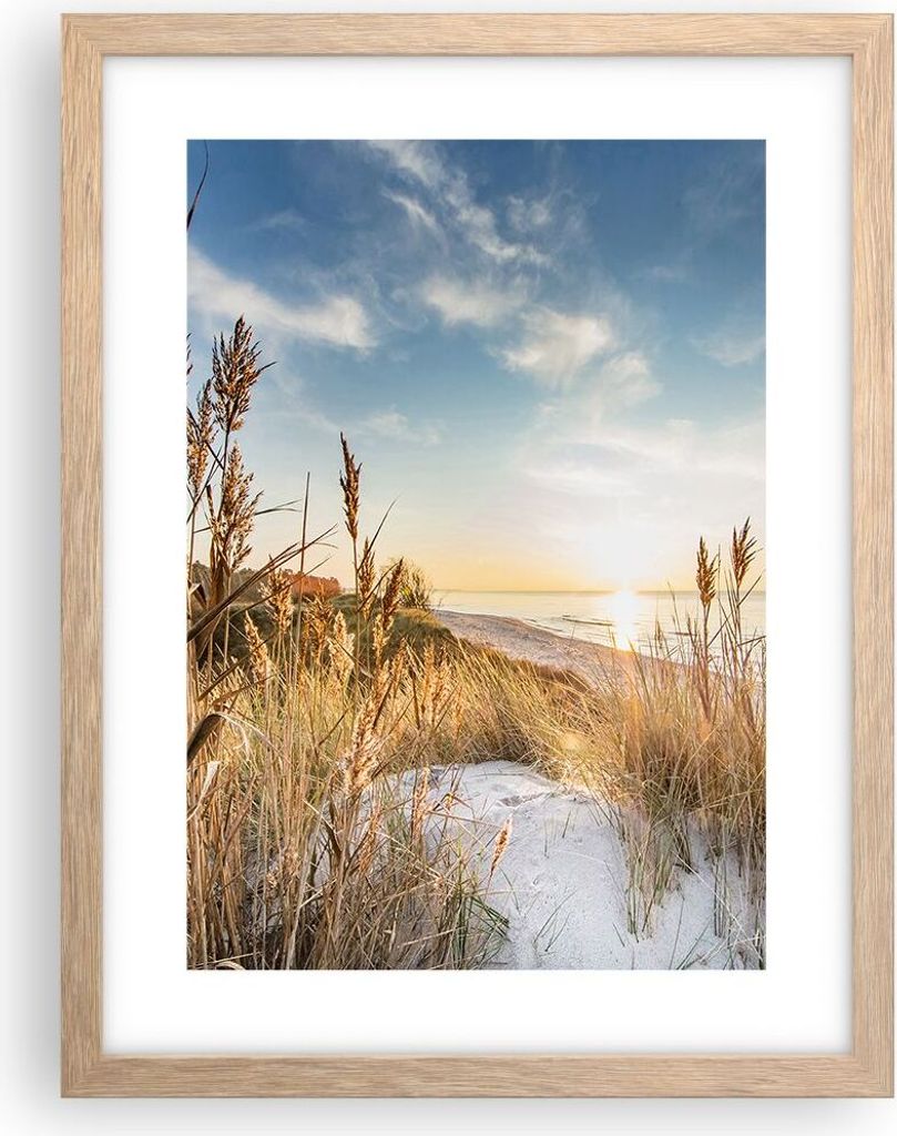 Gerahmtes Poster - Rahmen in heller Eiche - Ähren Küste Sonne - 30x40 cm - Wand Bild - Wanddeko - Wandbilder - Kunstposter - Wandposter - Bilderr...
