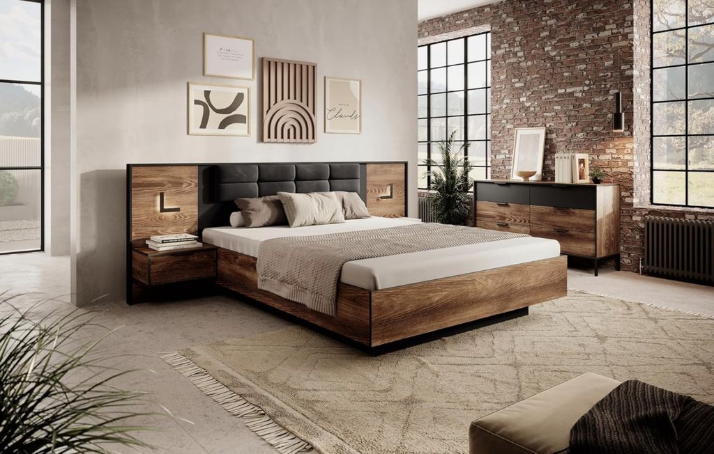 Design Möbel - Boxspringbett mit Nachttisch – Modernes, bequemes Bett für Schlafzimmer – Komfort & Stil