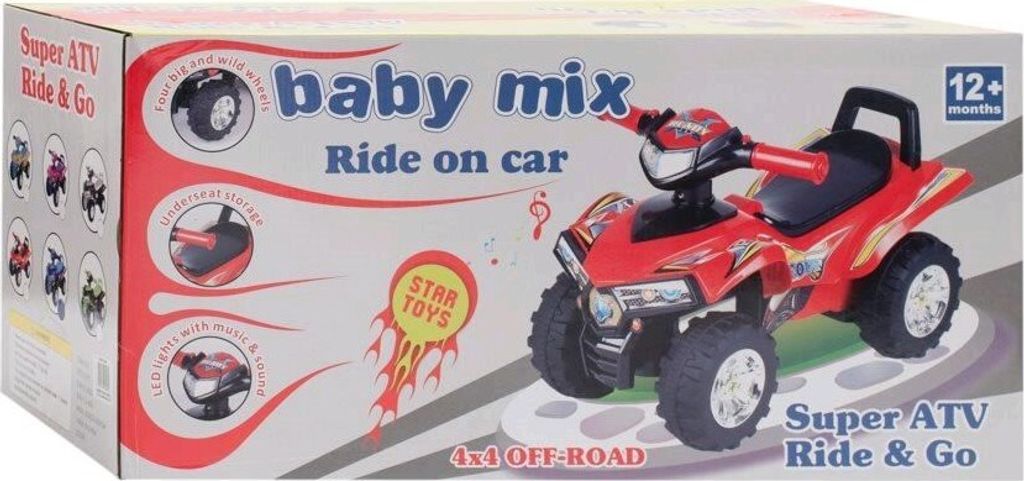 The image shows the retail packaging for a red ride-on ATV toy. The box features product images, brand logos, and descriptive text.