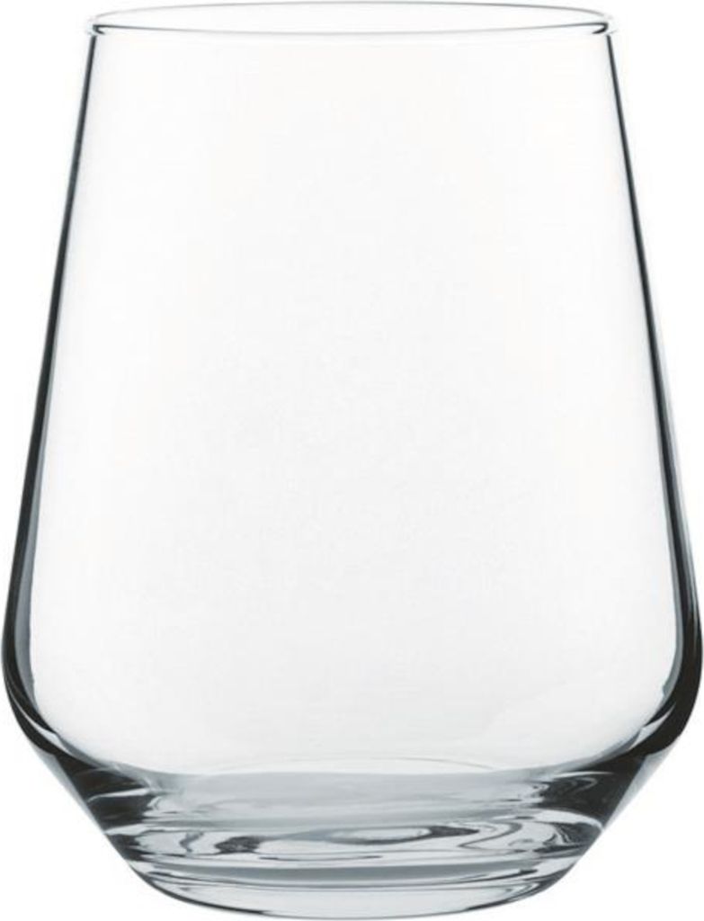 A clear glass tumbler is shown against a white background.