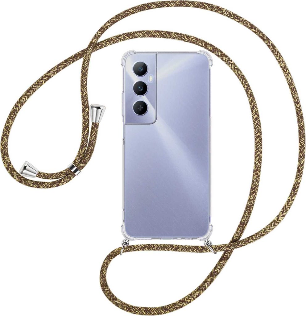 Handykette Backcover-Schutzhülle mit Band (Metall silberfarben) für Realme C65 4G - braun+beige