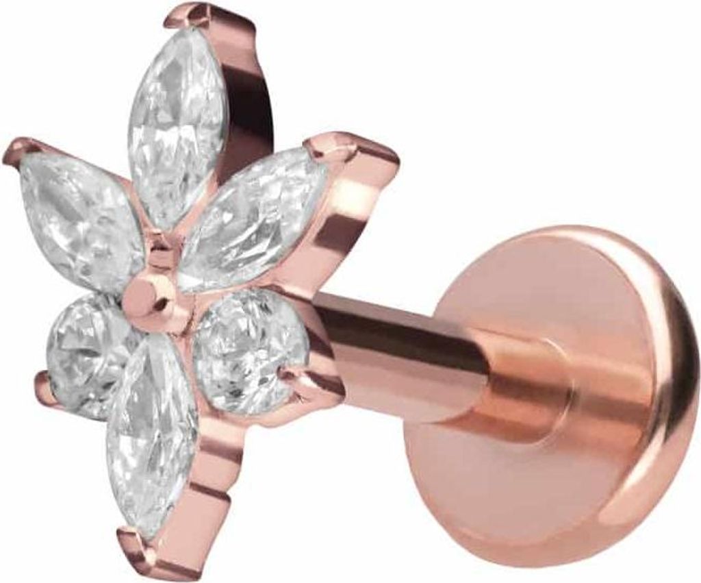 Ohrpiercing, Nasenpiercing Titan Labret mit Push Fit KRISTALLBLUME RoséGold Stablänge: 8mm | Stabstärke: 1,2mm