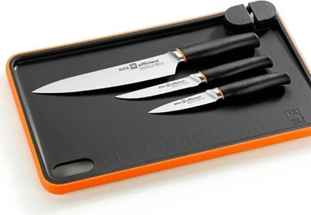 Set Coltelli da Cucina BRA Efficient 3 Pezzi + Tagliere Affilatore