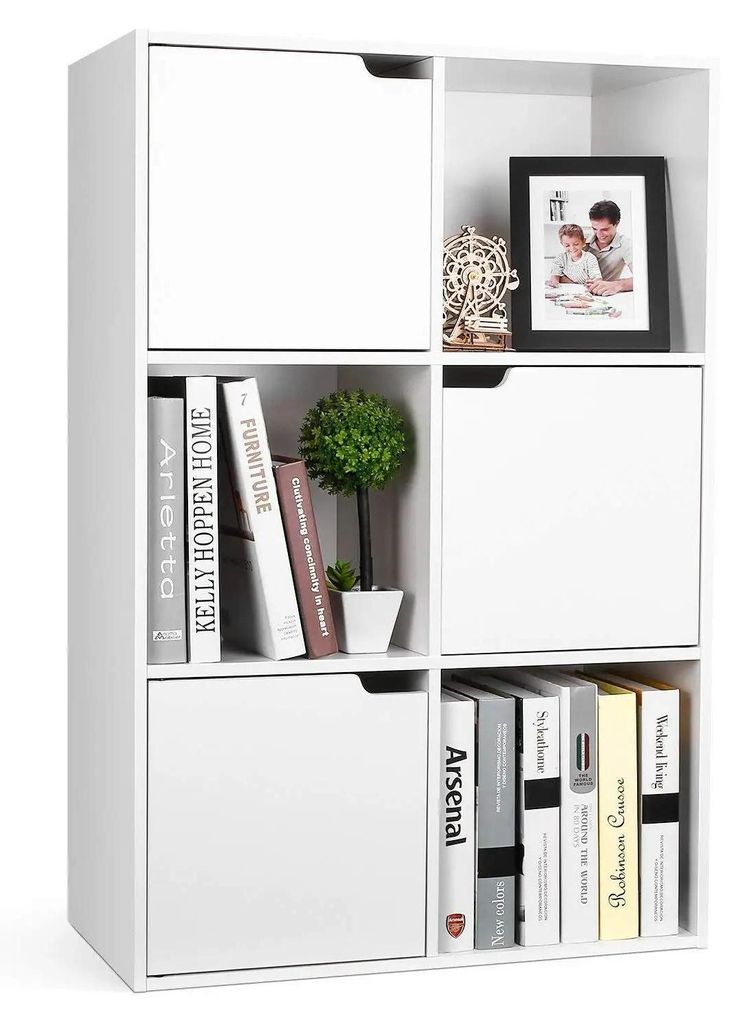 Bücherregal - 6 Würfel Regal - 3 Ebenen - Mit Türen - Holz - Wohnzimmer Aufbewahrung - 60x29x90 cm - Weiß