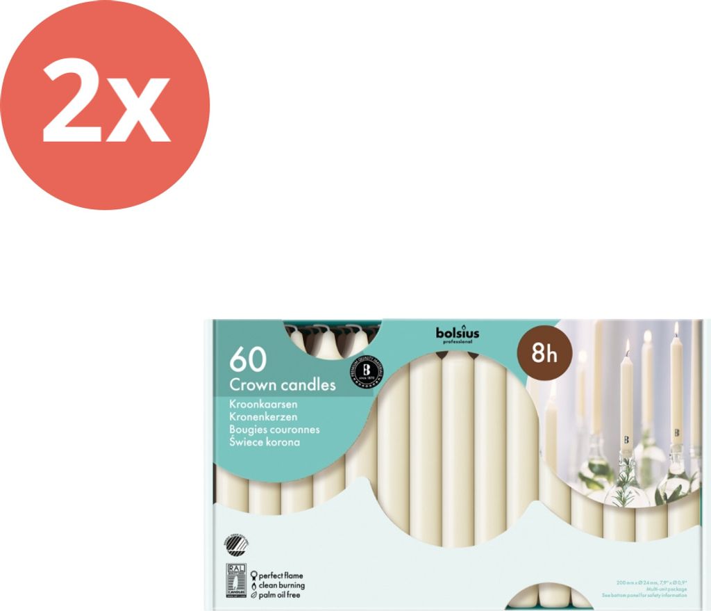 Bolsius Professional - Gastronomie-Kronenkerzen - 60 Stück pro Packung - Elfenbein - Vorteilspack - 120 Stücke - 2 Verpackung
