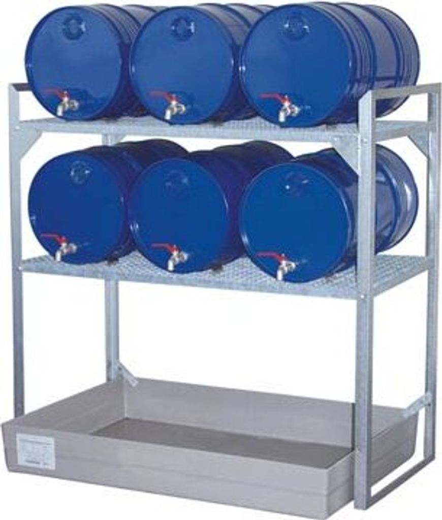Fassregal, Stahl verzinkt, 2 Gitterrostebenen für 60-l-Fässer und Kleingebinde, GFK-Auffangwanne 150 l, BxTxH 1320x800x1300 mm