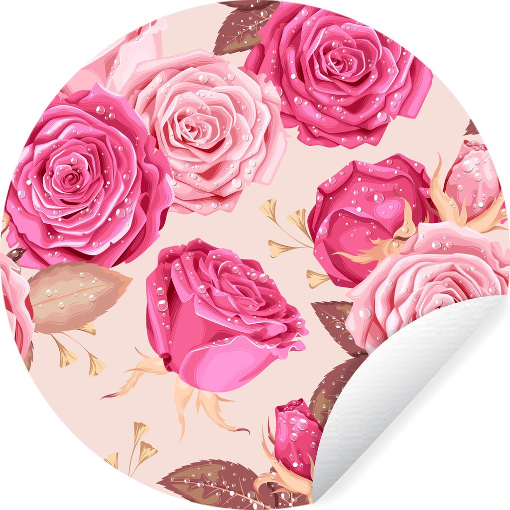 MuchoWow Runde Wandtattoo - Wandsticker Tapete Aufkleber Rosen - Blumen - Muster Ø 80 cm Selbstklebend und Repositionierbar - Wandaufkleber - Kr...