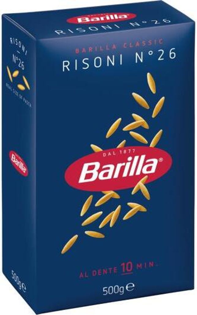 A box of Barilla Risoni pasta.