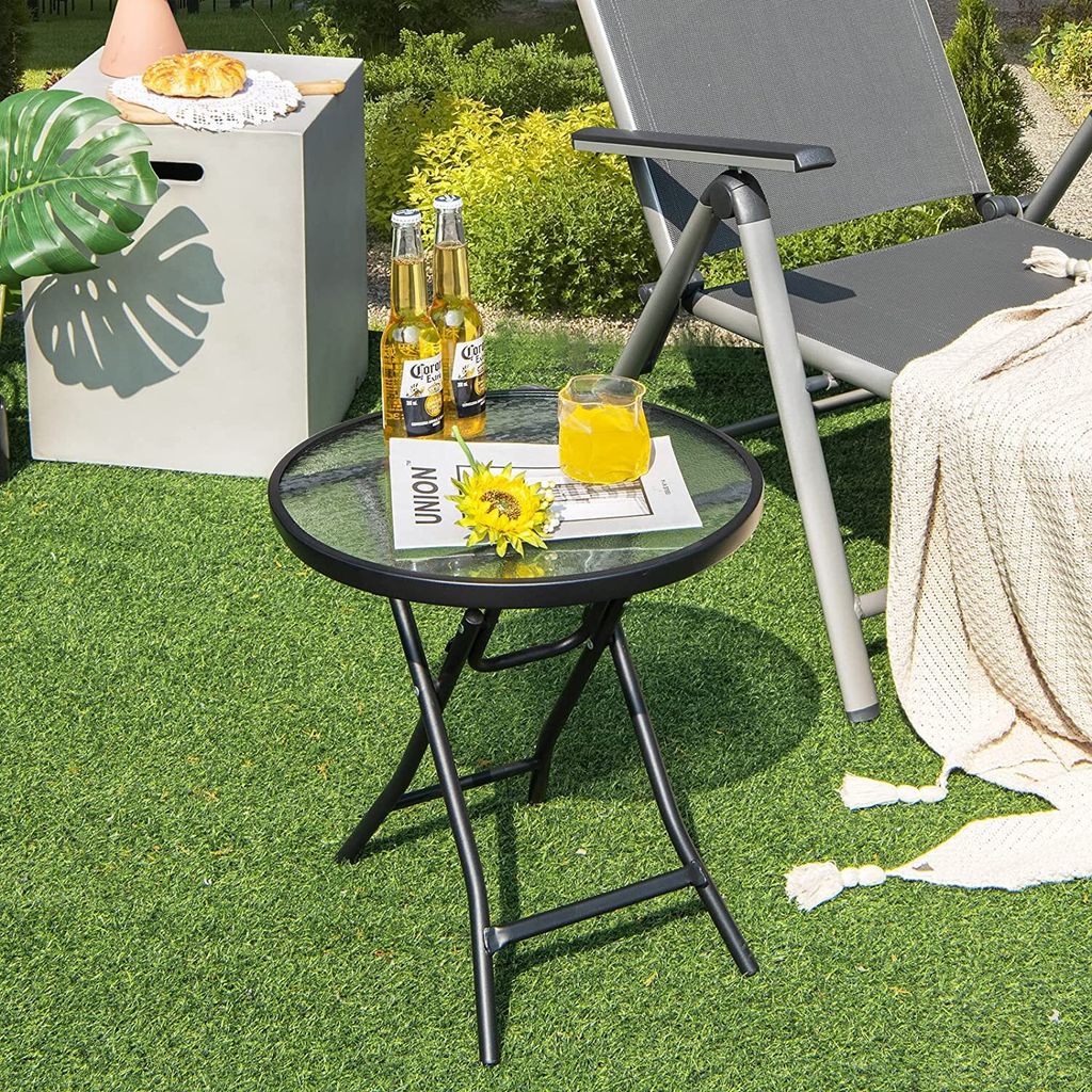 COSTWAY Kleiner Bistrotisch, klappbarer Beistelltisch, runder Gartentisch φ46 cm, Couchtisch mit Tischplatte aus gehärtetem Glas, Balkontisch fü...