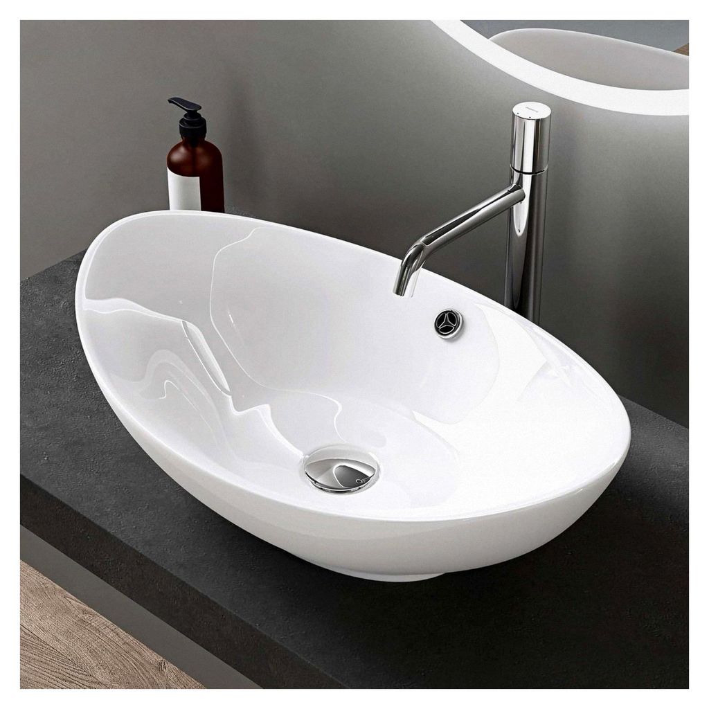 Ovales Aufsatzwaschbecken für das Bad 59x38x19cm in Weiß mit Lotuseffekt durch Nanoversiegelung