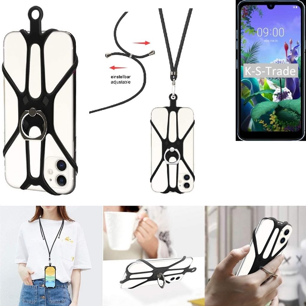 K-S-Trade 3in1 Handykette Handyband Handykordel Halsband Smartphone-Ring Handy-Ring kompatibel mit LG Electronics Q60 Fingerhalterung Handyring