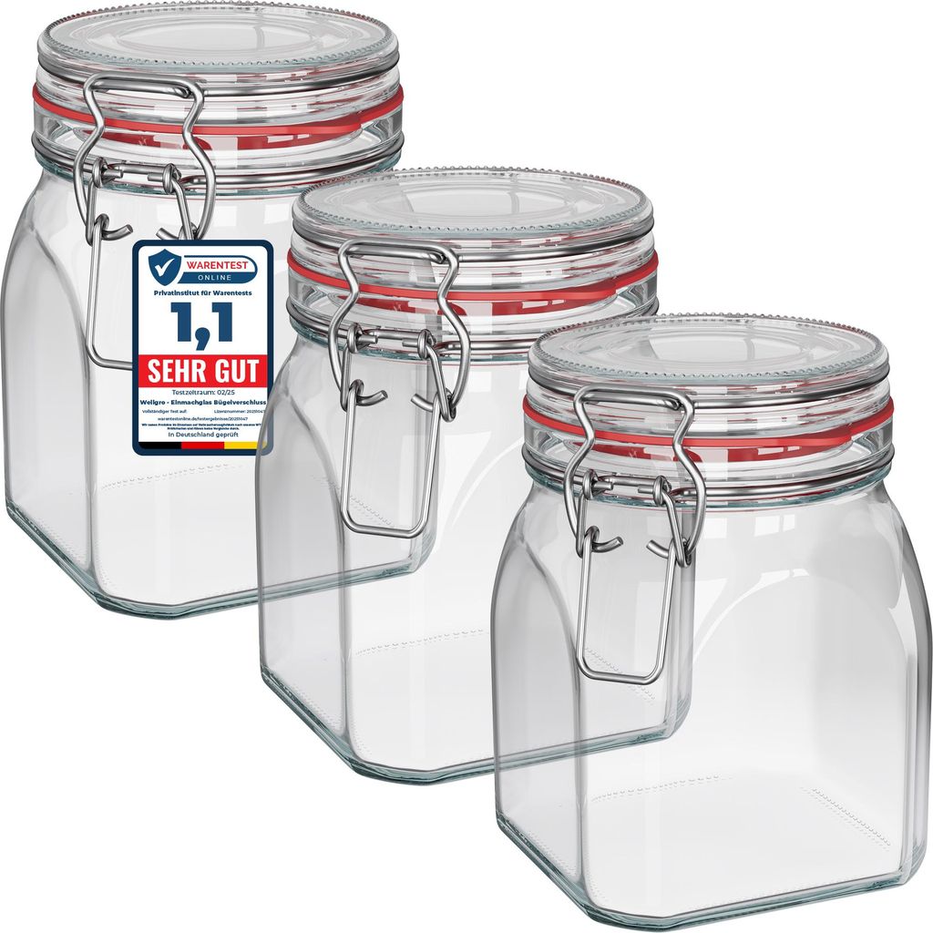 WELLGRO Einmachgläser mit Bügelverschluss eckig 900ml - Produktbild 