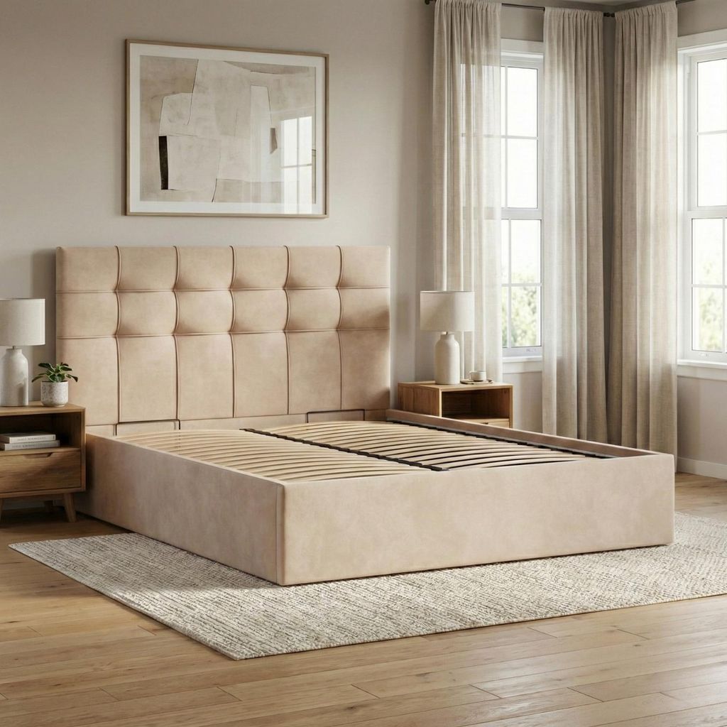 Polsterbett 140x200 cm mit Lattenrost, Doppelbett ohne Bettkasten, elegantes Bett mit Kopfteil, , Samtstoff, Veloursbett, Beige SORIA 140 x 200