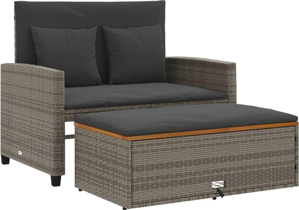 Gartensofa mit Kissen 2-Sitzer Grau Poly Rattan & Akazienholz