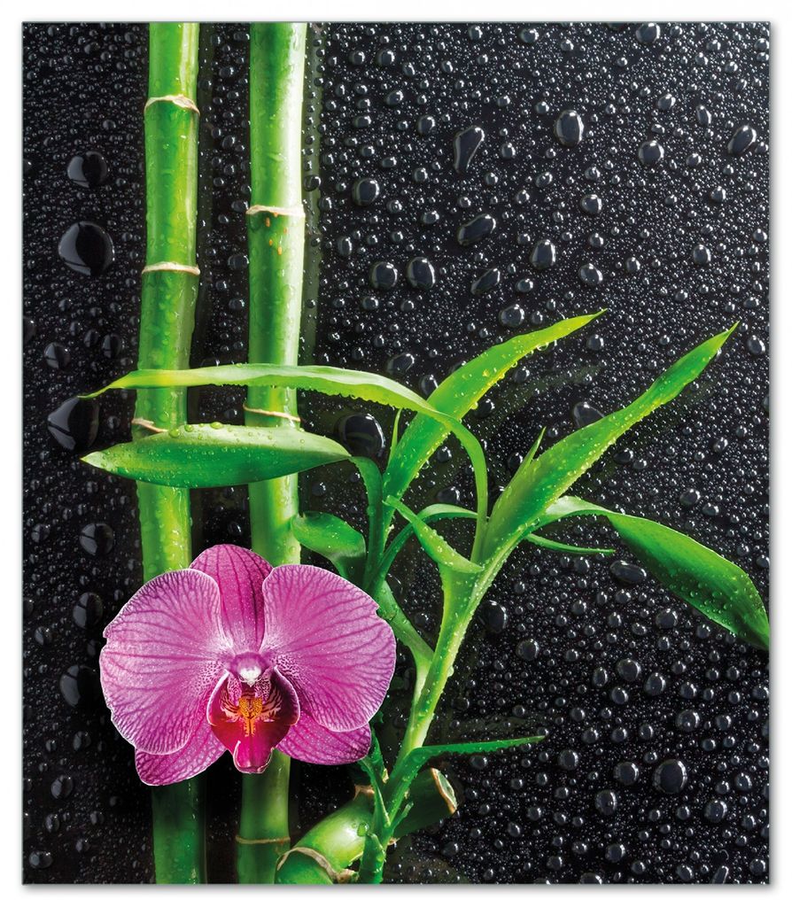 Wallario Herdabdeckplatte aus Glas, Größe 52 x 60 cm 1-teilig, Motiv Bambus und pinke Orchidee auf schwarzem Glas mit Regentropfen