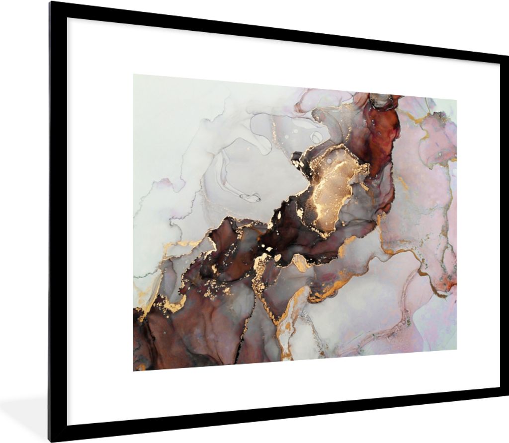 MuchoWow Gerahmtes Poster Rot - Marmor - Gold 80x60 cm - Poster mit Schwarzem Bilderrahmen Wandposter Rahmen Foto Bilder - Schlafzimmer-Dekoratio...