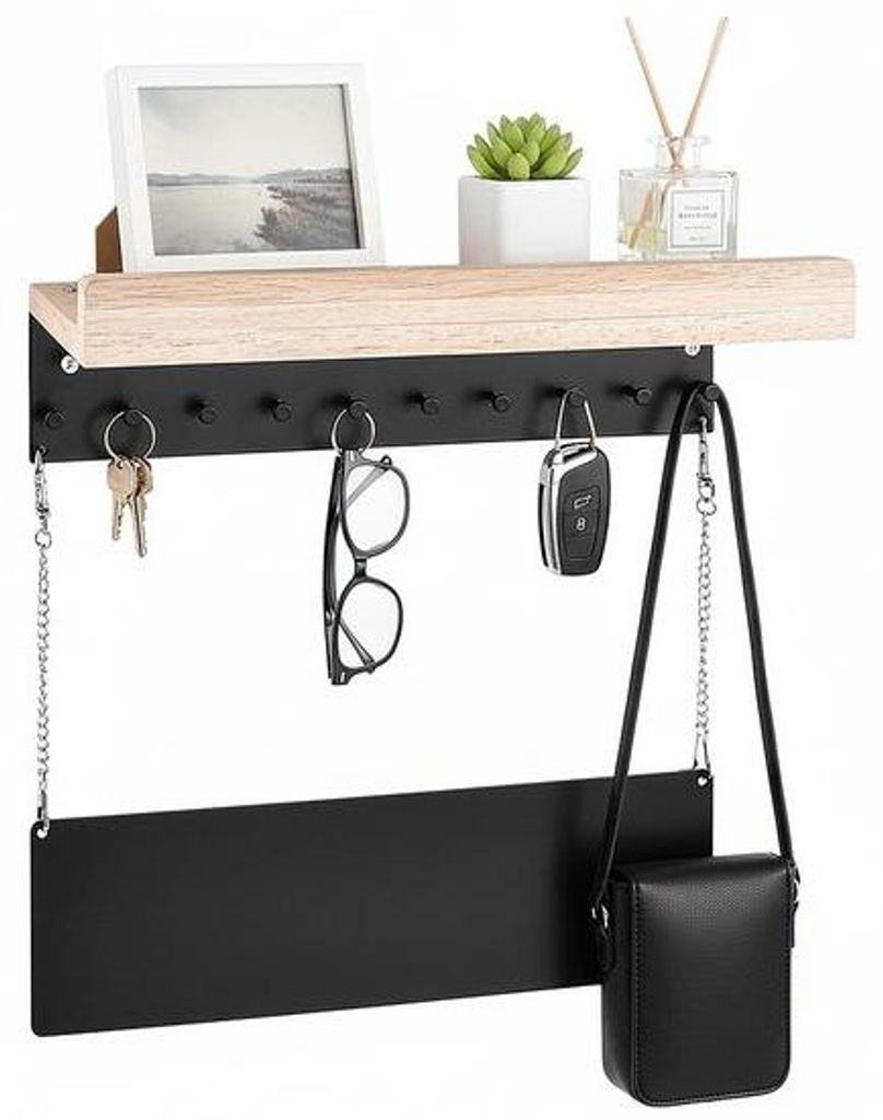 Unyqoos Holz Wandorganizer mit 10 Haken und Ablage für Schlüssel, Notizen und mehr