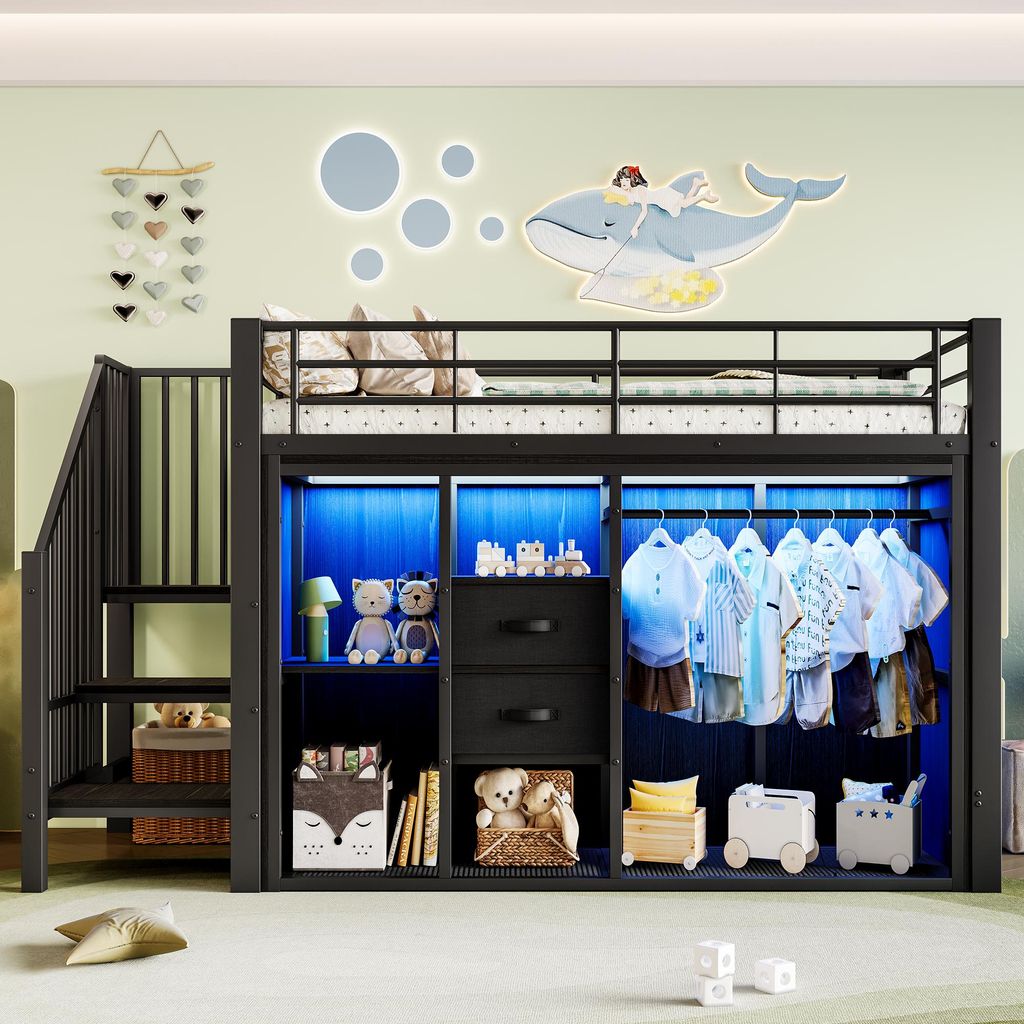 Flieks Etagenbett 90x200cm mit Led, Jugendbett Metallbett mit Schubladen und Kleiderstange, Kinderbett Hochbett mit Treppe, Schwarz