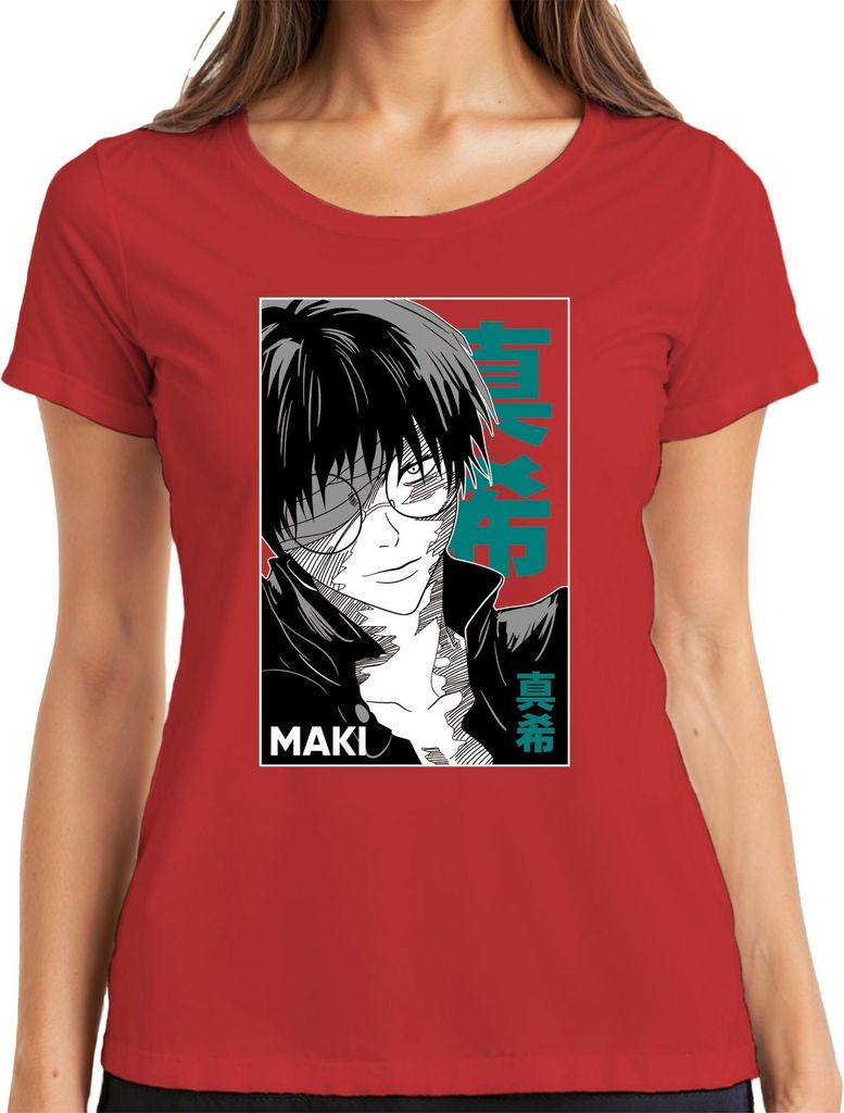 Anime Manga MAKI Brille schwarz weiß Cool Geschenk Otaku Retro Damen T-Shirt, Rot, M