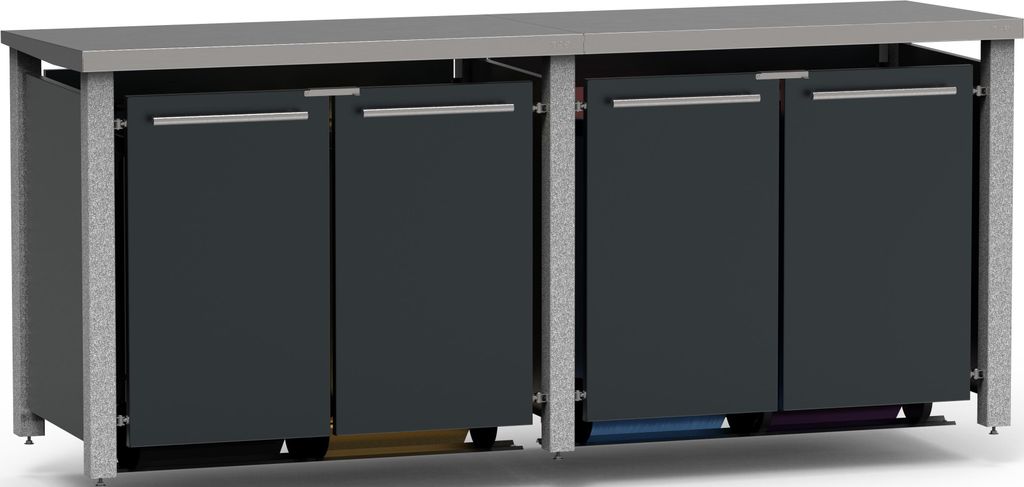 reinkeDESIGN | Tonnen-Verkleidung vierer, 4x120L | Typ_N | Flachdach, Stein-Pfosten, Blenden in Anthrazit | für Reihenhaus,