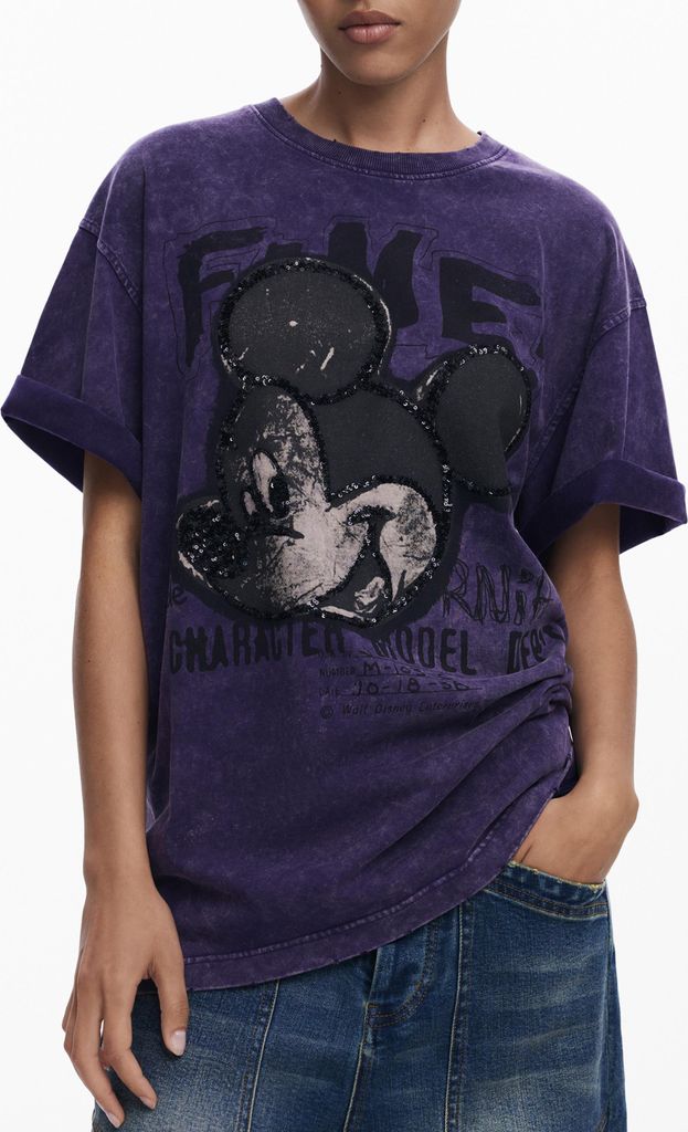 Damen Kurzarm T-Shirt Lila mit Mickey Mouse & Pailletten-Druck