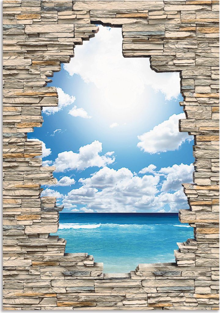 ARTland Wandbild Alu für Innen & Outdoor Großartige Strandlandschaft Steinmauer Größe: 50x70 cm
