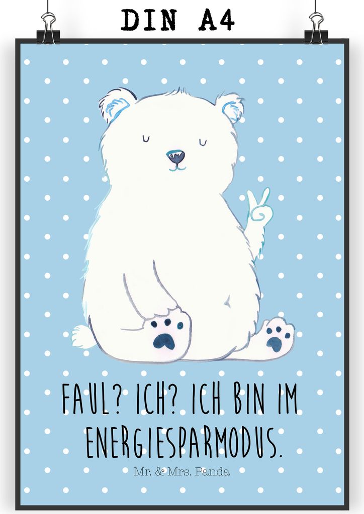 Mr. & Mrs. Panda Bild Eisbär Faul DIN A4 - Blau Pastell - Geschenk, drucke, Entspannen, Plakat, Teddy, Nordpol, wanddeko, Deko, Bär, Büro, Wandb...