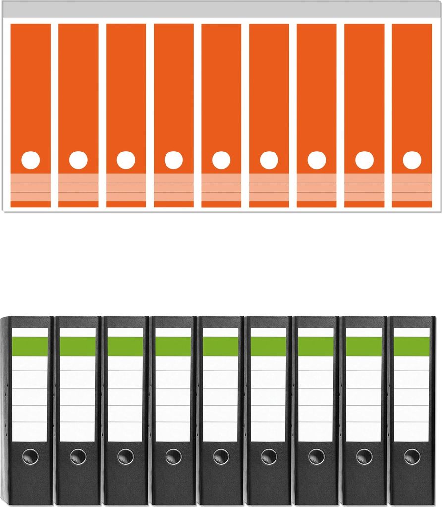 Wallario 9 Stück breite Ordner inkl. Klebeetiketten mit Motive Orange - Set mit Rückenschildern / Ordnerrücken Stickern