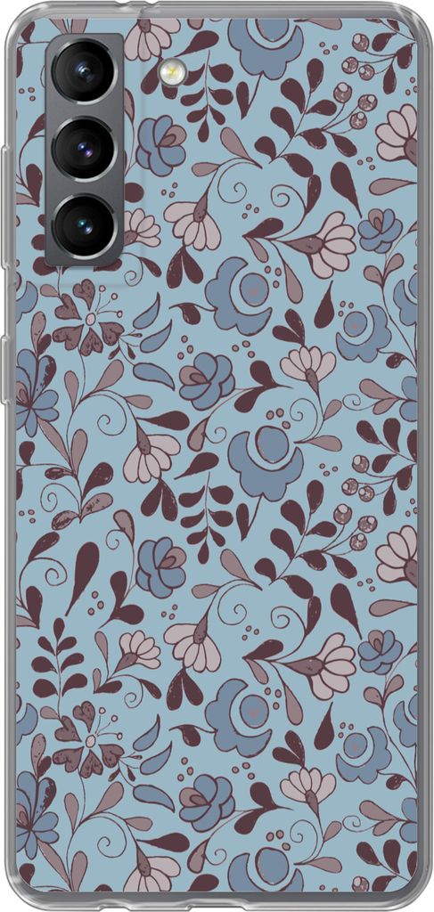 MuchoWow Handyhülle Schutzhülle Hülle für Telefoonhoesje Samsung Galaxy S21 Muster - Blume - Grau - Blau Silikon Softcase Handy Hülle - Soft...