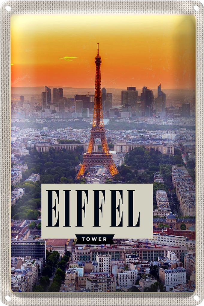 Blechschild Reise 20x30cm Eiffel tower Sonnenuntergang Stadt