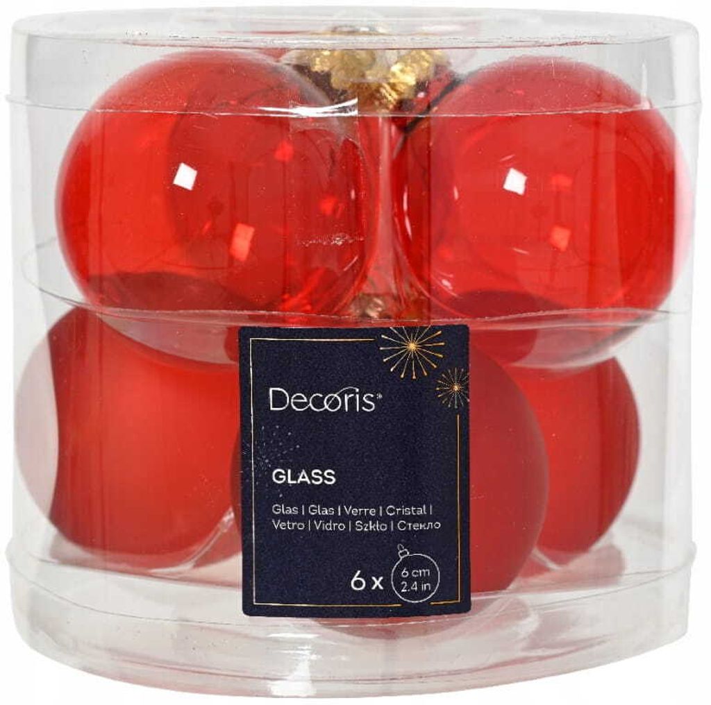 Set aus 6 roten Glaskugeln 6cm glänzend matt transparent Produktbild 