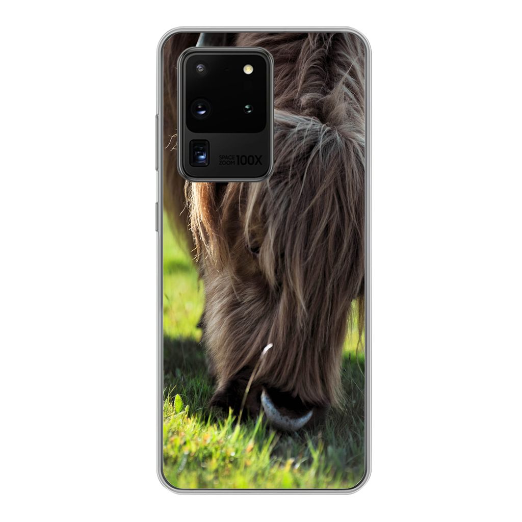 MuchoWow Handyhülle Schutzhülle Hülle für Samsung Galaxy S20 Ultra Schottischer Highlander - Hörner - Sonne Silikon Softcase Handy Hülle - ...