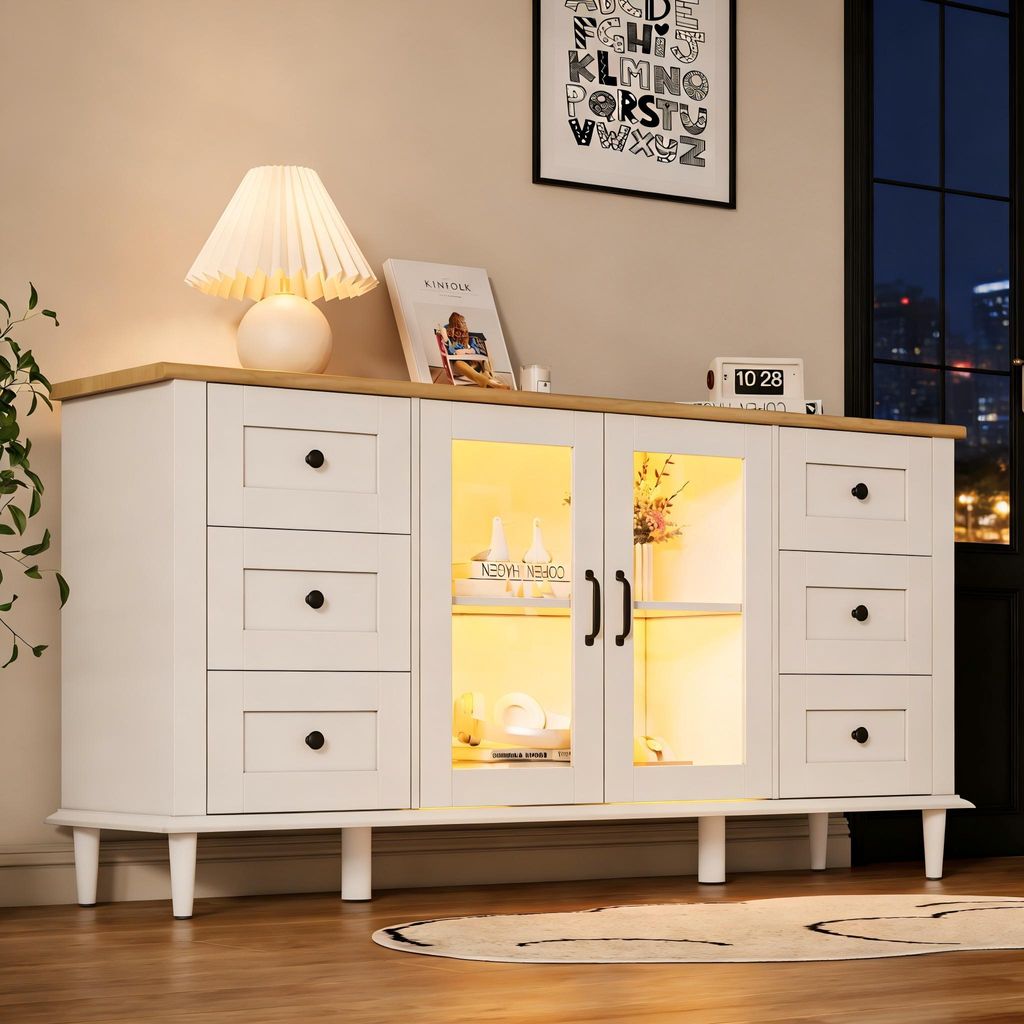 Merax Sideboard mit LED, Multifunktional Kommode mit 6 Schubladen und 2 Acryl-Türen, Wohnzimmerschrank aus MDF mit grifflose Front, Weiß+Holzoptik