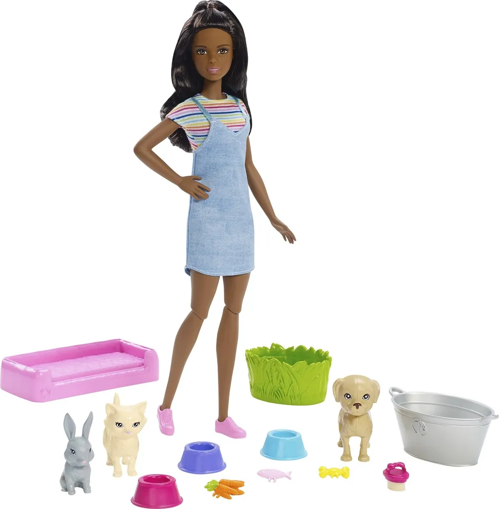 Coffret Poupée Barbie Brune et ses Animaux Domestiques pour l'Heure du Bain