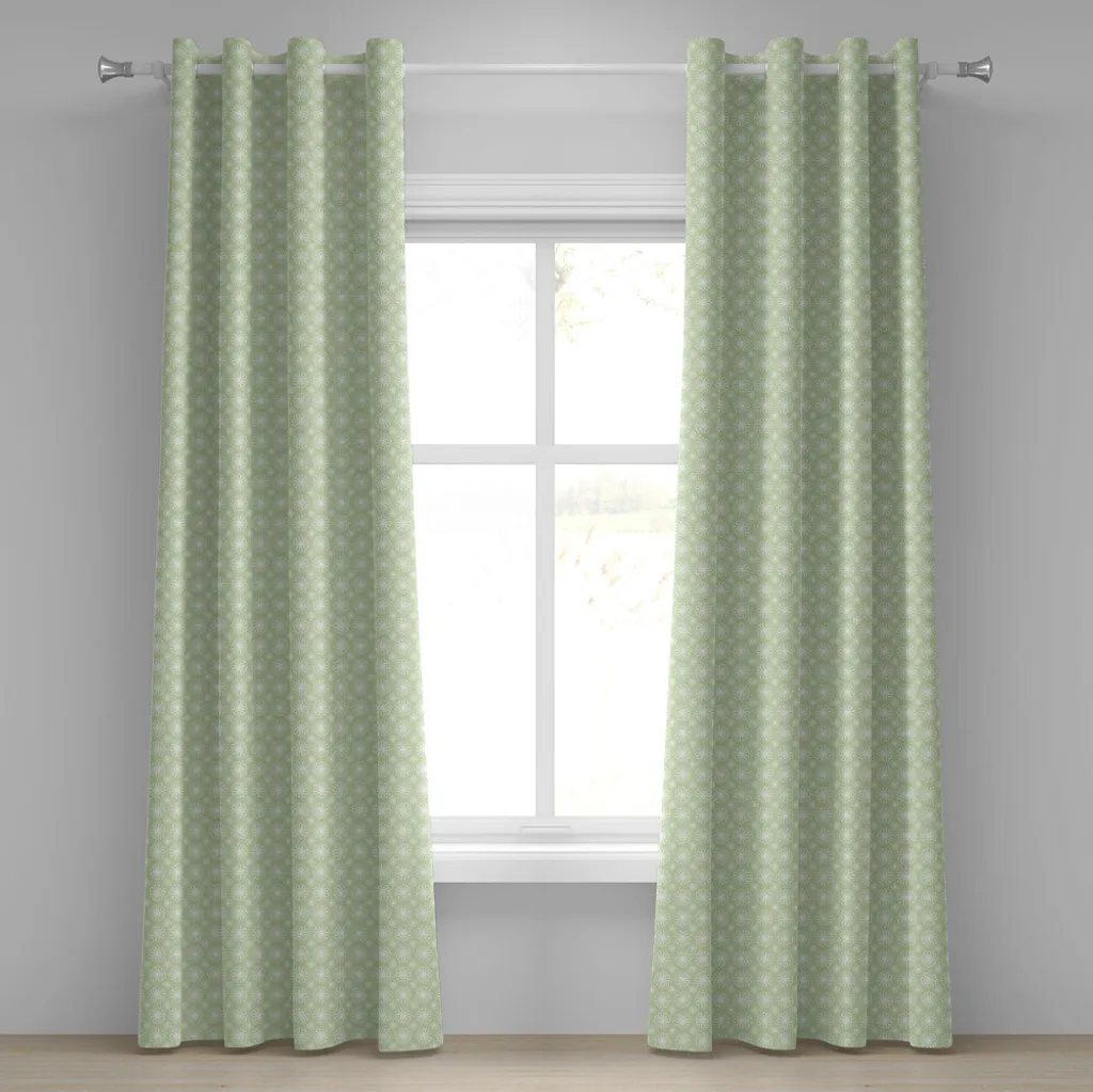 Rideau de salon design fleurs symétriques 2 panneaux vert et blanc
