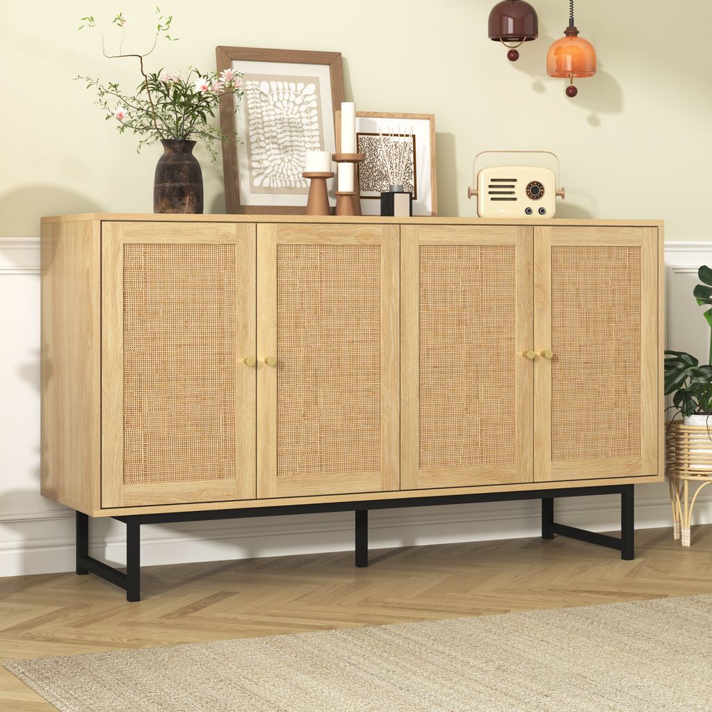 okwish Kommode Sideboard Vitrine 140x39.5x80 cm mit echtem Rattangeflecht, 4 Türen,Anrichte für Wohnzimmer,Holzfarbe