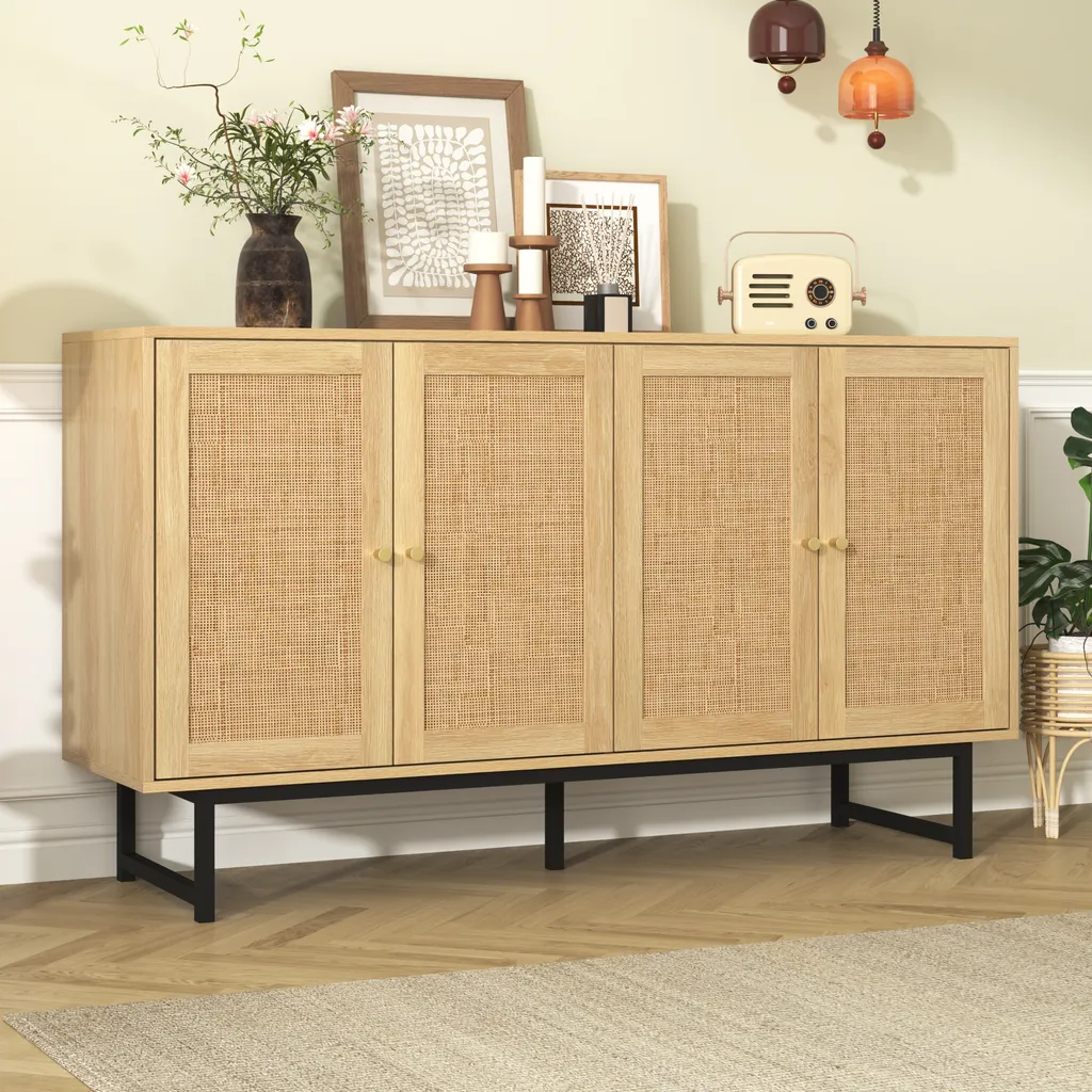 Buffet okwish 140x80cm en bois et rotin naturel avec 4 portes élégantes