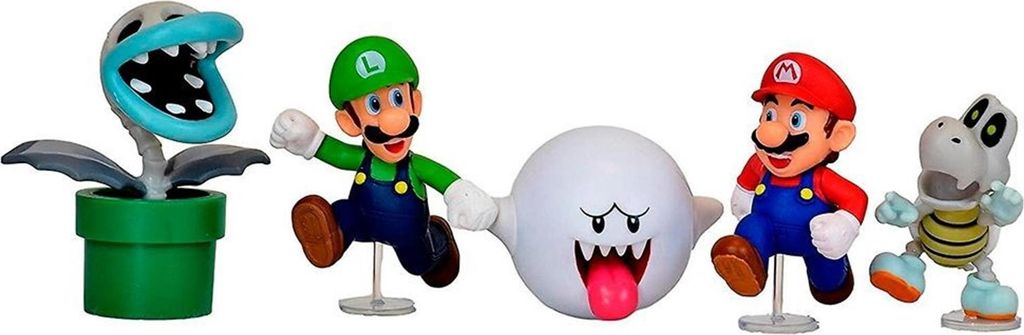 A collection of Super Mario Bros. character figures arranged on a white background.